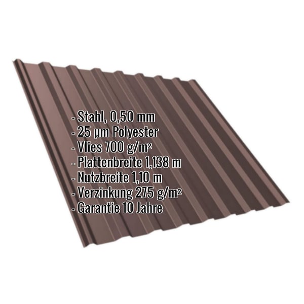 Trapezblech T20M Schokoladenbraun RAL 8017, 0,50 mm Stahl, mit eingeblendeten Eckdaten und Garantiehinweis