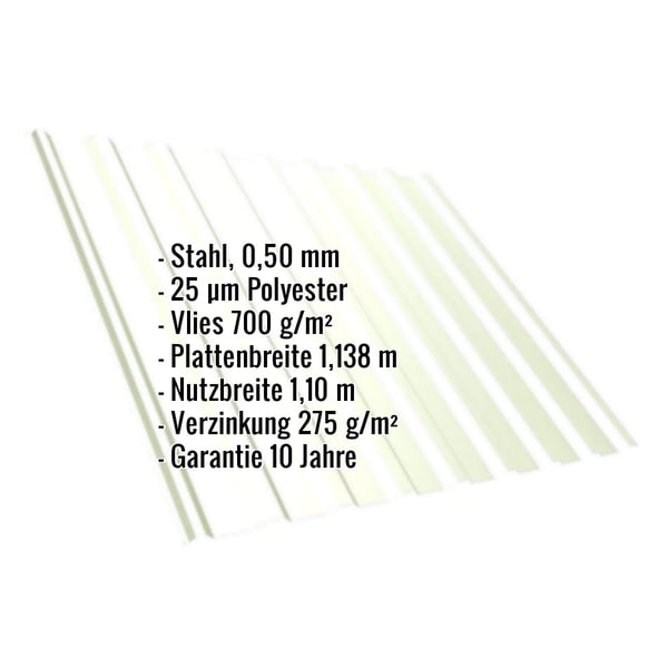 Trapezblech T20M, Grauweiß, mit eingeblendeten technischen Daten wie Material, Stärke und Beschichtung