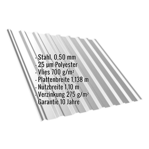Trapezblech T20M, Weißaluminium, mit eingeblendeten Eckdaten zu Material, Staerke und Beschichtung