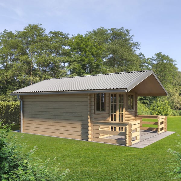 Trapezblech T20M, Weißaluminium, als Dacheindeckung auf einem Gartenhaus mit Vordach