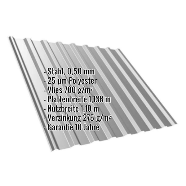 Trapezblech T20M Graualuminium, 0,50 mm, mit eingeblendeten Eckdaten zu Material, Beschichtung und Massen