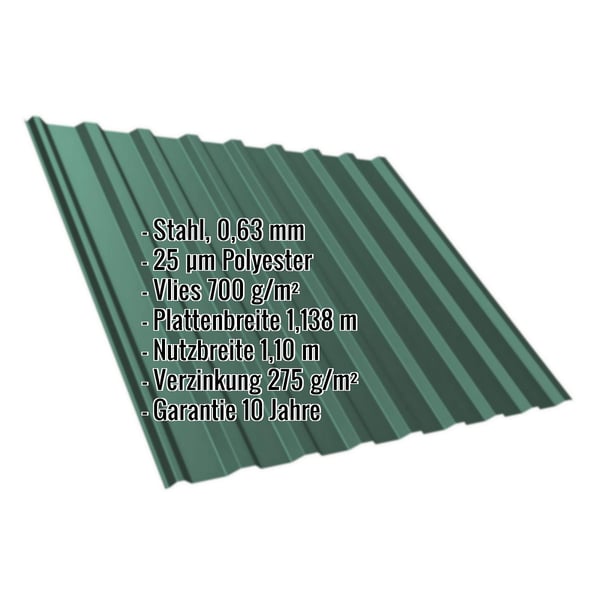 Trapezblech T20M moosgrün, 0,63 mm Stahl, mit Anti-Tropf-Vlies 700 g/m², Eckdaten eingeblendet
