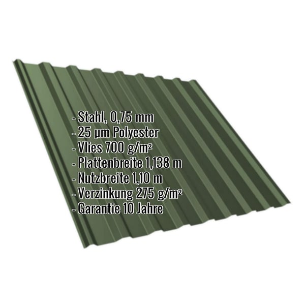 Trapezblech T20M Chromoxidgrün RAL 6020 mit Anti-Tropf-Vlies, Eckdaten wie Stahl 0,75 mm und 25 µm Polyester eingeblendet