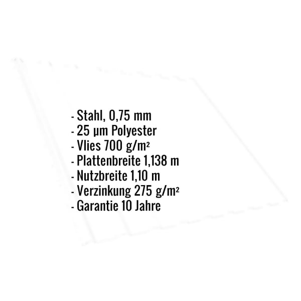 Infografik: Eckdaten Trapezblech T20M Stahl 0,75 mm, 25 µm Polyester, Vlies 700 g/m², Plattenbreite 1,138 m
