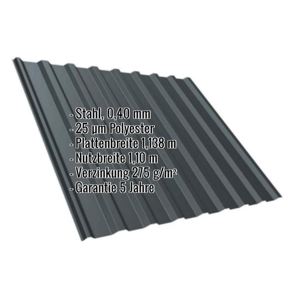 Trapezblech T20M anthrazitgrau, 0,40 mm Stahl, mit eingeblendeten Eckdaten zu Material und Massen