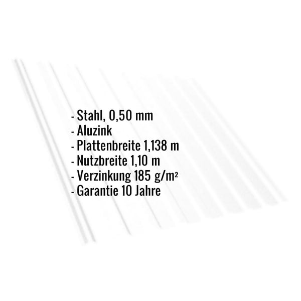 Trapezblech T20M Aluzink, 0,50 mm, mit eingeblendeten Eckdaten zu Material, Breite und Garantie