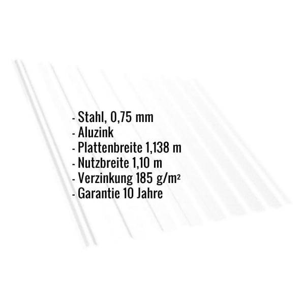 Trapezblech T20M Aluzink, 0,75 mm, mit eingeblendeten Eckdaten zu Material, Breite und Garantie