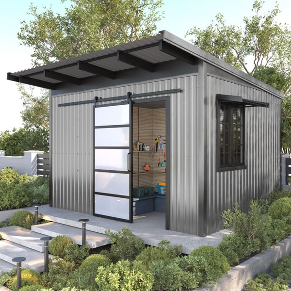 Trapezblech T20M Aluzink als Dach- und Wandverkleidung eines modernen Gartenhauses