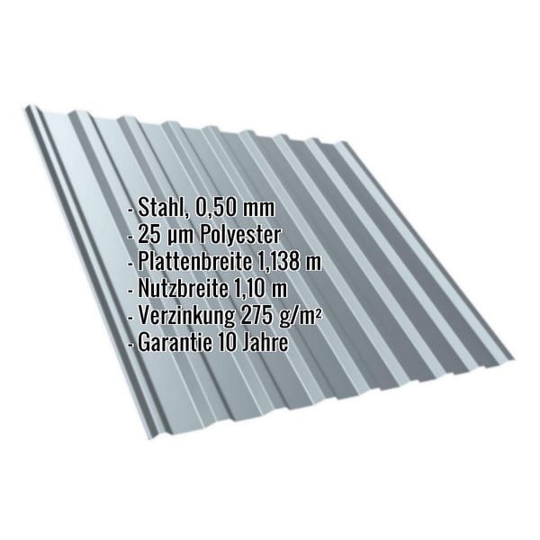 Trapezblech T20M Dach Fehgrau RAL 7000 mit eingeblendeten Eckdaten zu Material, Staerke und Beschichtung