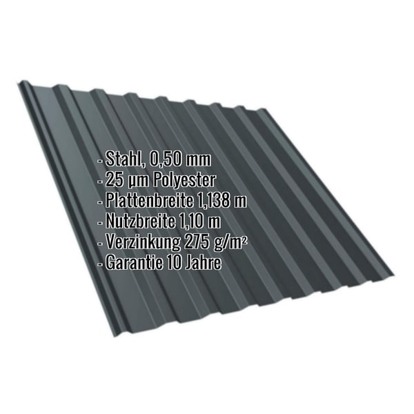 Trapezblech T20M Anthrazitgrau 0,50 mm mit eingeblendeten Eckdaten zu Material, Beschichtung und Massen