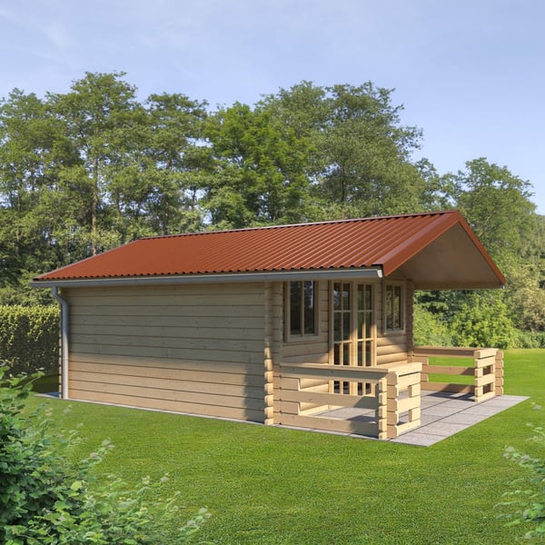 Trapezblech T20M kupferbraun als Dacheindeckung auf einem Gartenhaus mit Terrasse