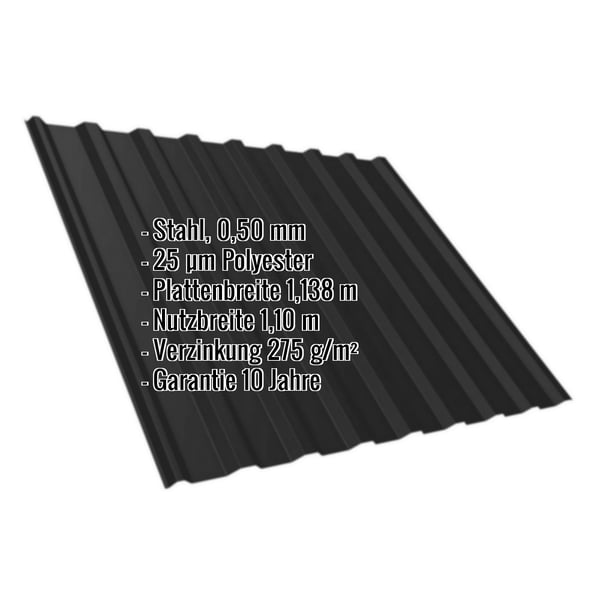 Trapezblech T20M Tiefschwarz (RAL 9005) 0,50 mm, mit eingeblendeten Eckdaten zu Material und Beschichtung