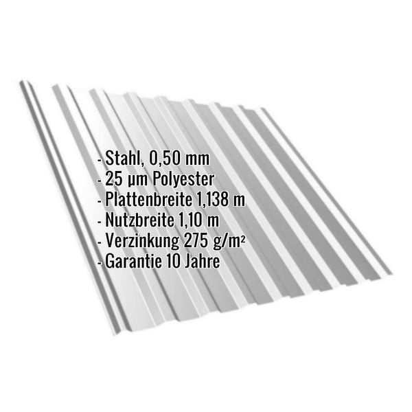 Trapezblech T20M, Weißaluminium, mit eingeblendeten Eckdaten zu Material, Stärke und Beschichtung