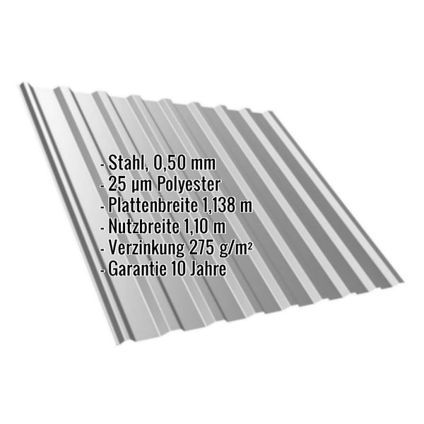 Trapezblech T20M Graualuminium mit eingeblendeten Eckdaten: Stahl, 0,50 mm, 25 µm Polyester, Plattenbreite 1,138 m