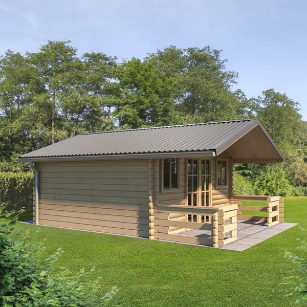 Trapezblech T20M Graualuminium als Dacheindeckung auf einem Gartenhaus mit Terrasse