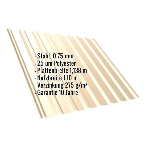 Trapezblech T20M Hellelfenbein mit eingeblendeten Eckdaten zu Material, Staerke, Beschichtung und Massen