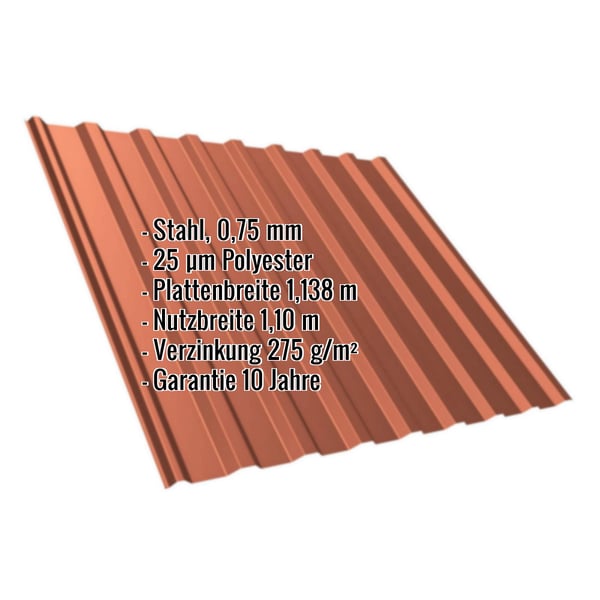 Trapezblech T20M aus Stahl 0,75 mm, Kupferbraun RAL 8004, mit eingeblendeten Eckdaten