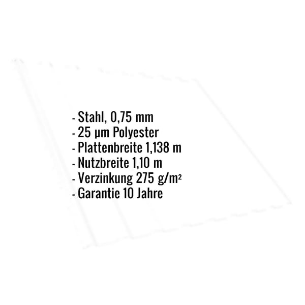 Infografik: Eckdaten des Trapezblechs T20M, Stahl 0,75 mm, 25 µm Polyester, Reinweiß RAL 9010
