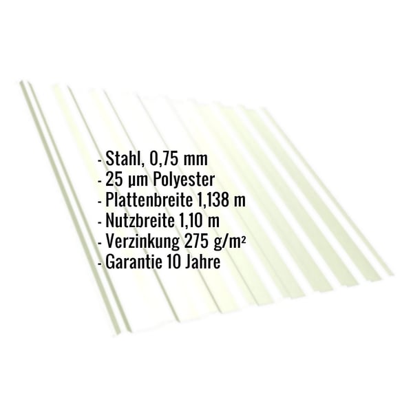 Trapezblech T20M Grauweiß mit eingeblendeten Eckdaten wie Stahl 0,75 mm und 25 µm Polyester Beschichtung