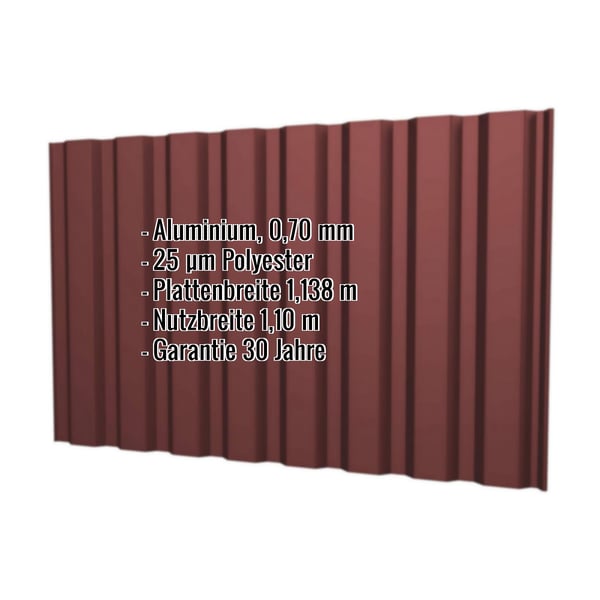 Trapezblech T20M Aluminium 0,70 mm Rotbraun, mit eingeblendeten Eckdaten zu Material, Staerke und Garantie