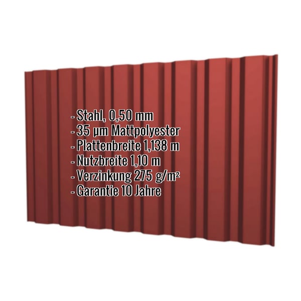 Trapezblech T20M Wand Kirschrot mit eingeblendeten Eckdaten zu Material, Staerke und Beschichtung