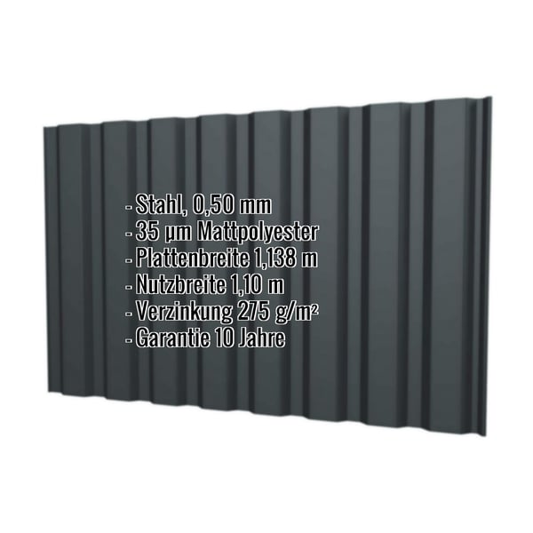 Trapezblech T20M Wand Anthrazitgrau RAL 7016 mit eingeblendeten Eckdaten Stahl 0,50 mm Mattpolyester