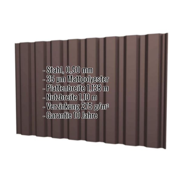Trapezblech T20M Wand Schokoladenbraun RAL 8017, 0,50 mm Stahl, mit eingeblendeten Eckdaten