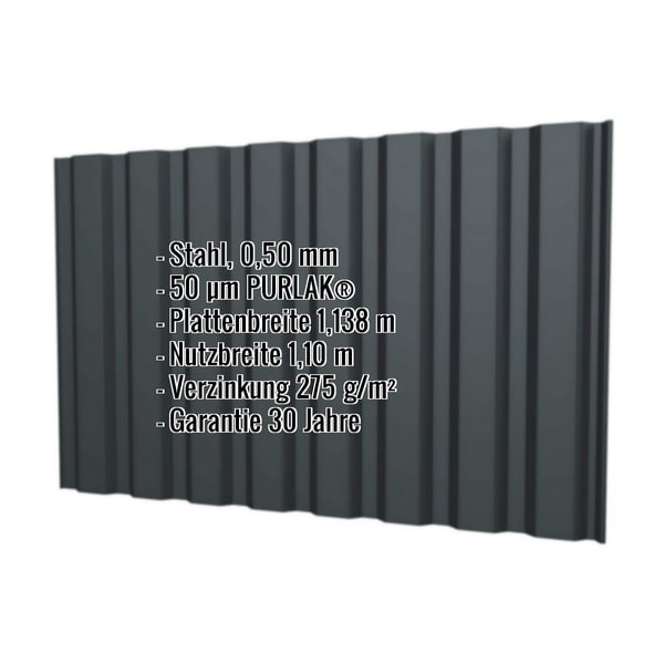 Trapezblech T20M Wand Anthrazitgrau RAL 7016, 0,50 mm, mit PURLAK® Beschichtung und eingeblendeten Eckdaten