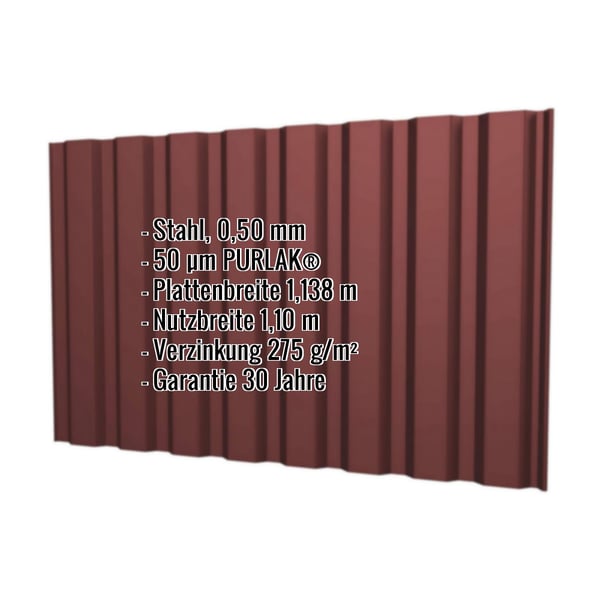 Trapezblech T20M Wand Rotbraun RAL 8012, 0,50 mm Stahl mit PURLAK-Beschichtung, Eckdaten eingeblendet