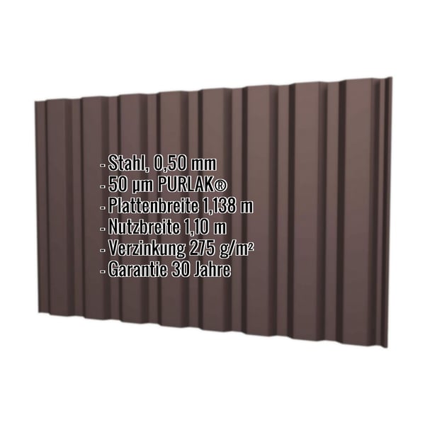 Trapezblech T20M Wand Schokoladenbraun RAL 8017 mit 50 µm PURLAK Beschichtung, Eckdaten eingeblendet