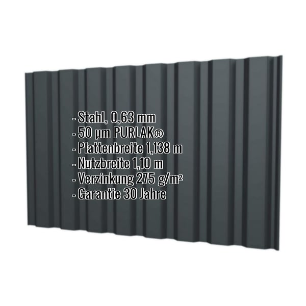 Trapezblech T20M Wand, Anthrazitgrau RAL 7016, 0,63 mm, mit eingeblendeten Eckdaten