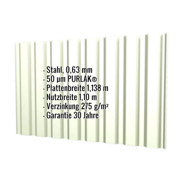 Trapezblech T20M Wand in Grauweiß, 0,63 mm Stahl, mit eingeblendeten technischen Daten und PURLAK® Beschichtung