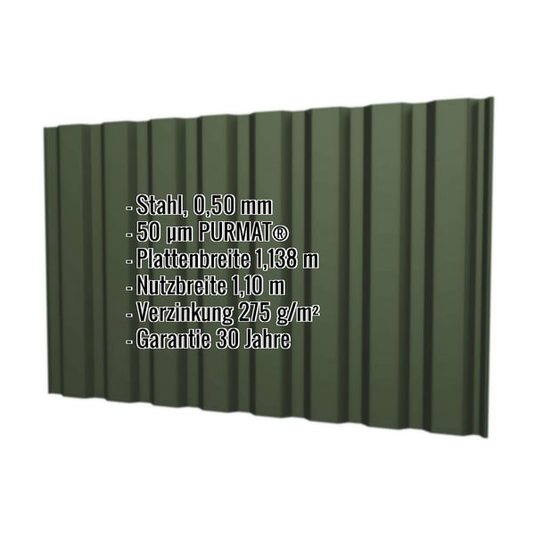 Trapezblech T20M Wand Stahl 0,50 mm Gruen mit PURMAT Beschichtung, Eckdaten eingeblendet