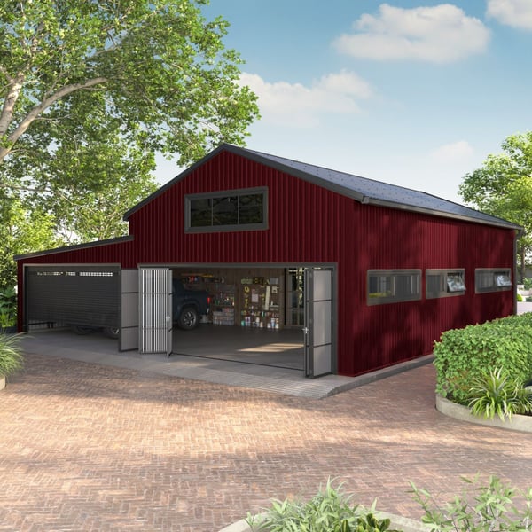 Trapezblech T20M Weinrot RAL 3005 als Wandverkleidung an einer grossen Halle mit Garagentoren