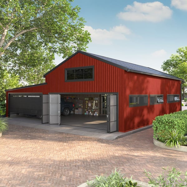 Gebaeude mit Fassade aus korallenrotem Trapezblech T20M, 0,50 mm Stahl, als Anwendungsbeispiel