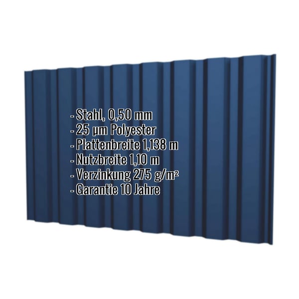 Trapezblech T20M Wand Enzianblau RAL 5010, 0,50 mm Stahl, mit eingeblendeten Eckdaten