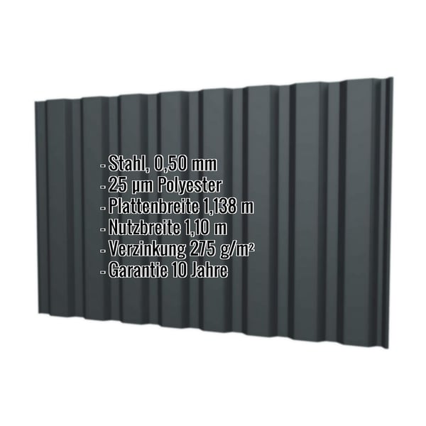 Trapezblech T20M Wand Stahl 0,50 mm Anthrazitgrau mit Polyesterbeschichtung und eingeblendeten Eckdaten