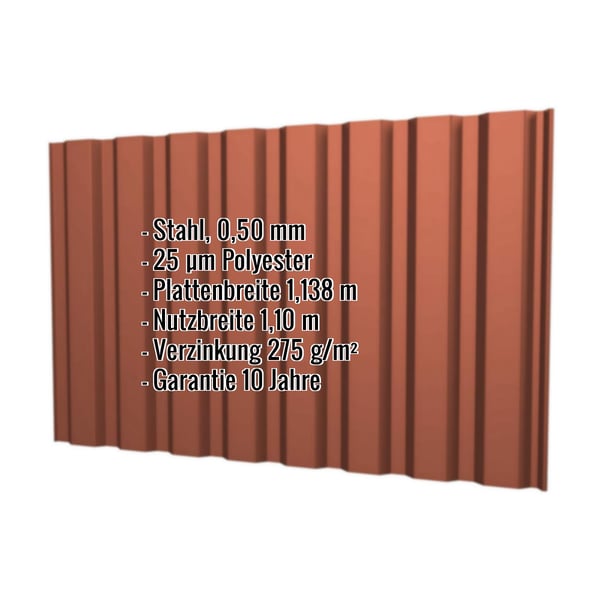 Trapezblech T20M Wand Kupferbraun RAL 8004 mit eingeblendeten Eckdaten zu Material und Beschichtung
