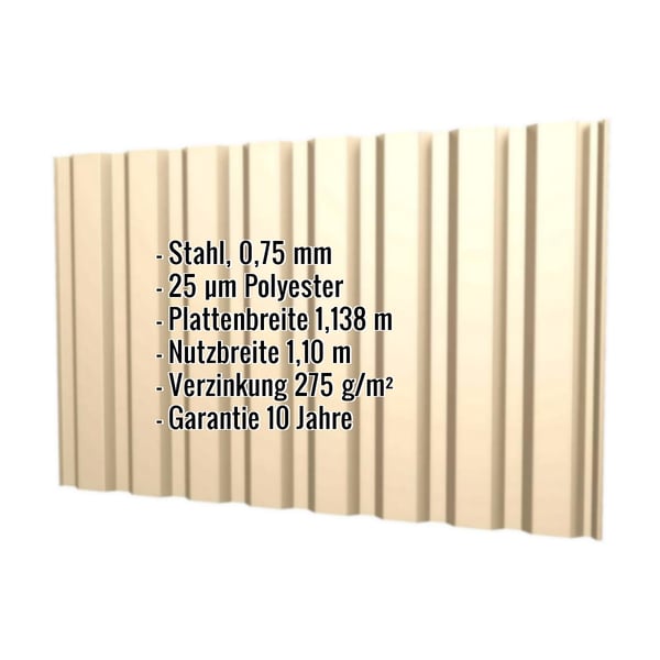 Trapezblech T20M Wand Hellelfenbein mit eingeblendeten Eckdaten zu Material, Staerke und Beschichtung