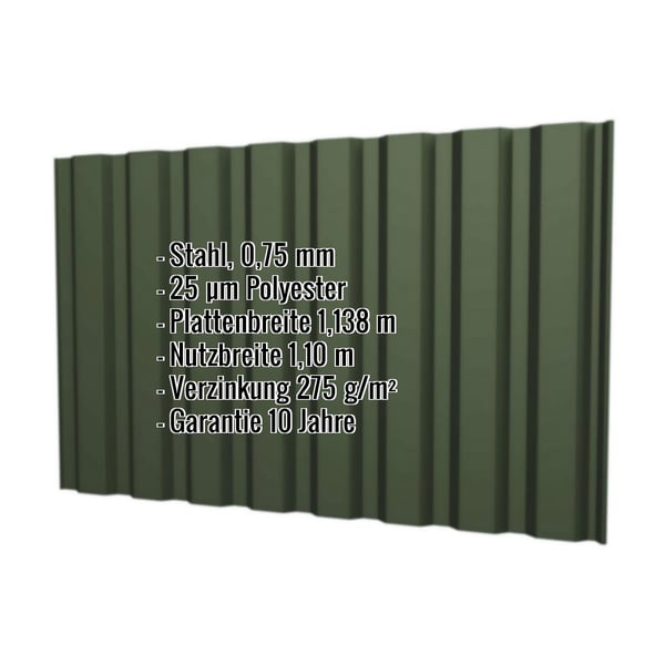 Trapezblech T20M Chromoxidgrün mit eingeblendeten Eckdaten: Stahl, 0,75 mm, 25 µm Polyester, Plattenbreite 1,138 m