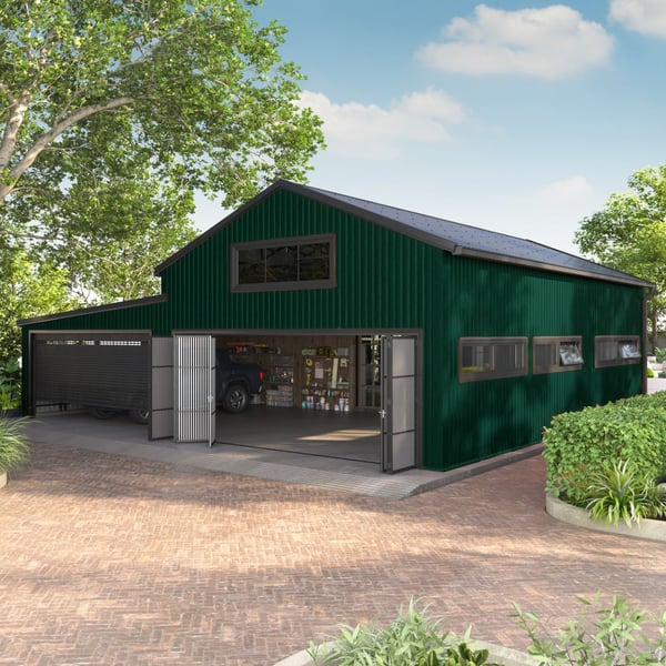 Trapezblech T20M Wand Moosgrün RAL 6005 an einer großen Garage oder Lagerhalle mit Rolltoren
