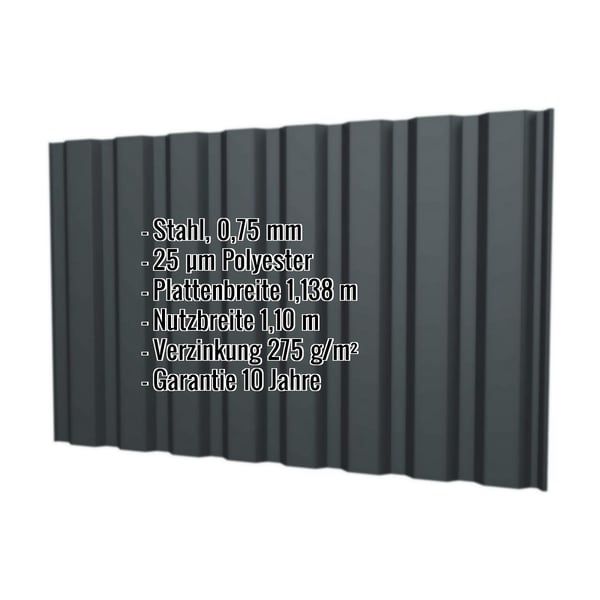 Trapezblech T20M Wand Anthrazitgrau mit eingeblendeten Eckdaten zu Material, Staerke und Beschichtung