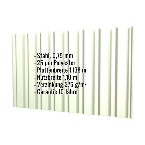 Trapezblech T20M Wand Grauweiß RAL 9002, 0,75 mm Stahl, mit eingeblendeten technischen Daten