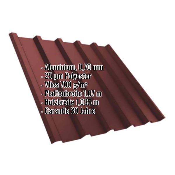 Trapezblech T35/207M rotbraun, Aluminium 0,70 mm, mit eingeblendeten Eckdaten und Garantie