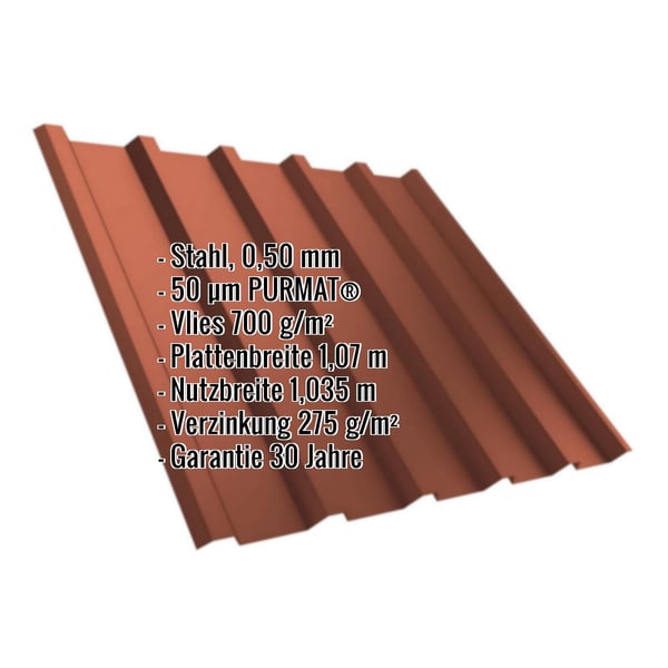 Trapezblech T35/207M, Ziegelrot, 0,50 mm Stahl, mit eingeblendeten Eckdaten zur Beschichtung und Garantie