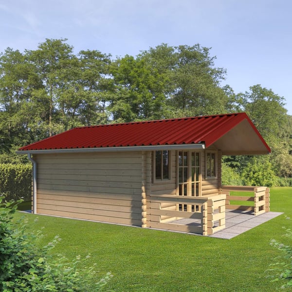 Trapezblech T35/207M kirschrot auf einem Gartenhaus mit Terrasse, umgeben von Gruen