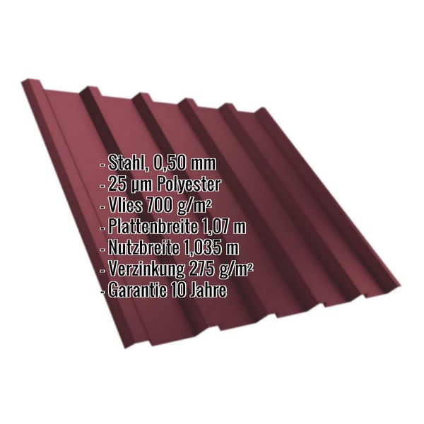 Trapezblech T35/207M weinrot RAL 3005 mit eingeblendeten Eckdaten zu Material, Staerke und Beschichtung