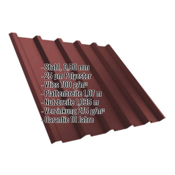 Trapezblech T35/207M rotbraun, 0,50 mm Stahl, mit eingeblendeten Eckdaten und Beschichtungsinformationen