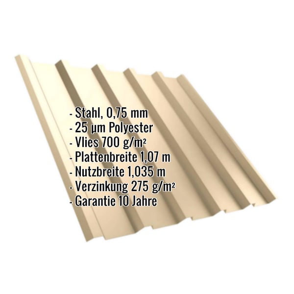 Trapezblech T35/207M Hellelfenbein mit eingeblendeten Eckdaten zu Material, Staerke, Vlies und Massen