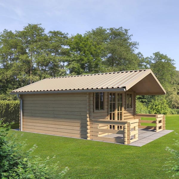 Trapezblech T35/207M Hellelfenbein auf einem Gartenhaus verbaut, leichte Schraege